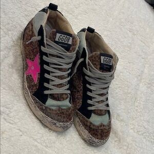 Golden Goose Women’s Mid Star sneakers. Animal print fur with pink star. Size 38